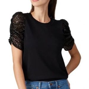 Parker Tash Knit Sequin Short Puff Sleeve Sweater Top Black Size XSmall